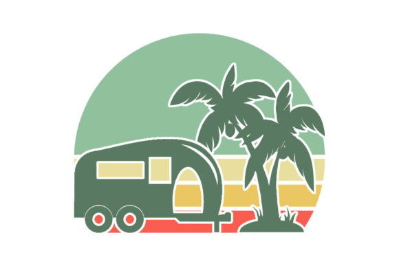 Camper Palm Trees Retro Sunset PNG SVG