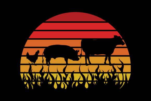Chicken Pig Cow Flames Retro Sunset