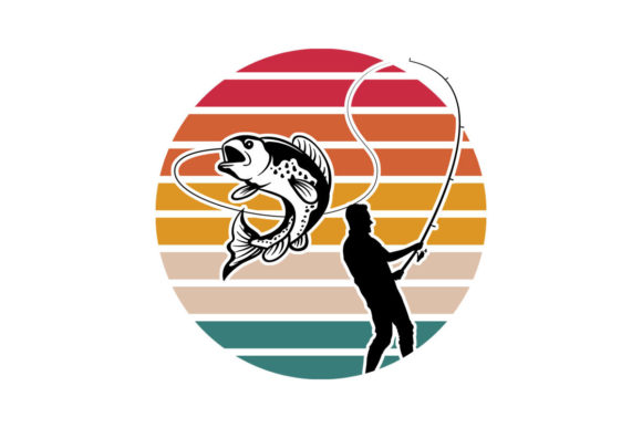 Man Trout Fishing Retro Sunset PNG SVG