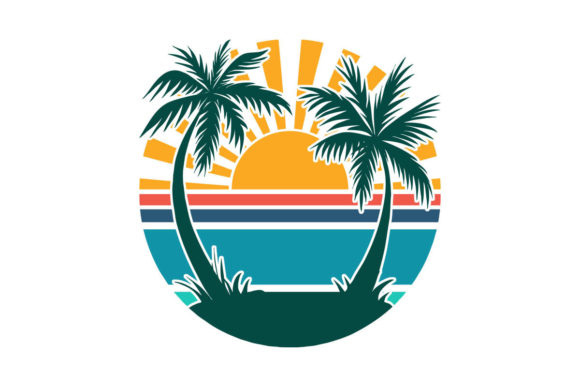 Palm Trees Sunrays Retro Sunset PNG SVG